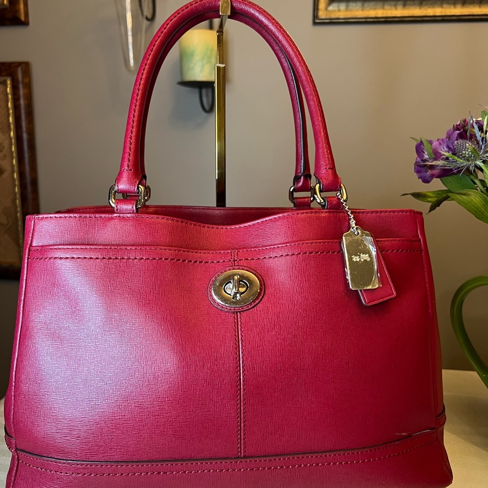 COACH Red Saffiano Leather Satchel Handbag - Picture 8 of 13